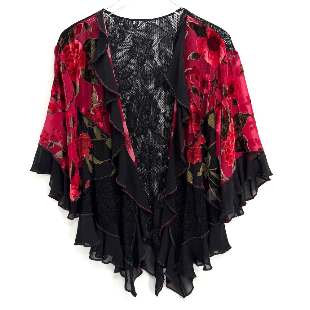 Vintage Silk Blend Burnout Velvet Cardigan XL Whimsigoth Floral Lace Ruffle